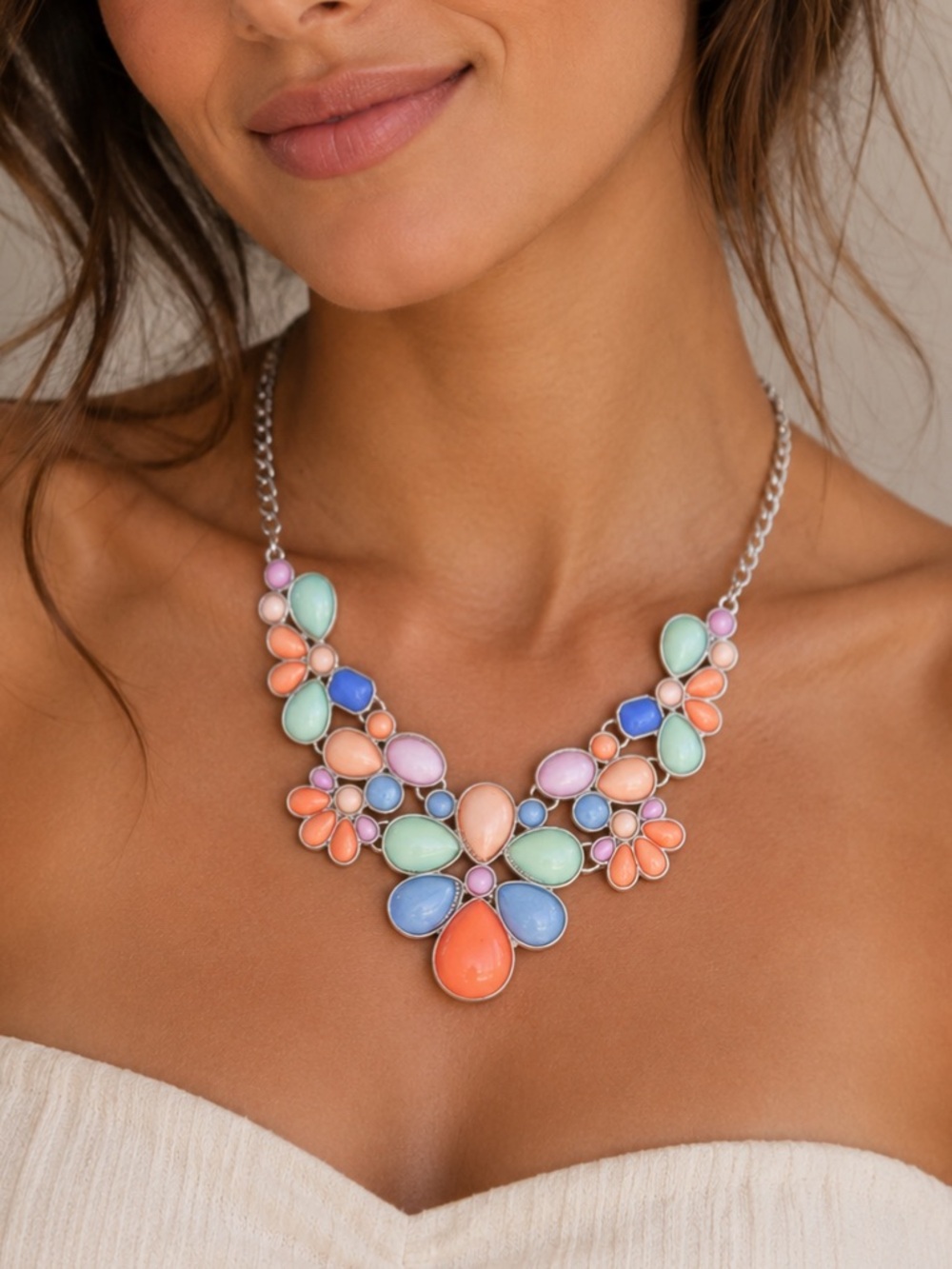Vintage Colorful Pastel Colored Enamel Statement Flower Necklace